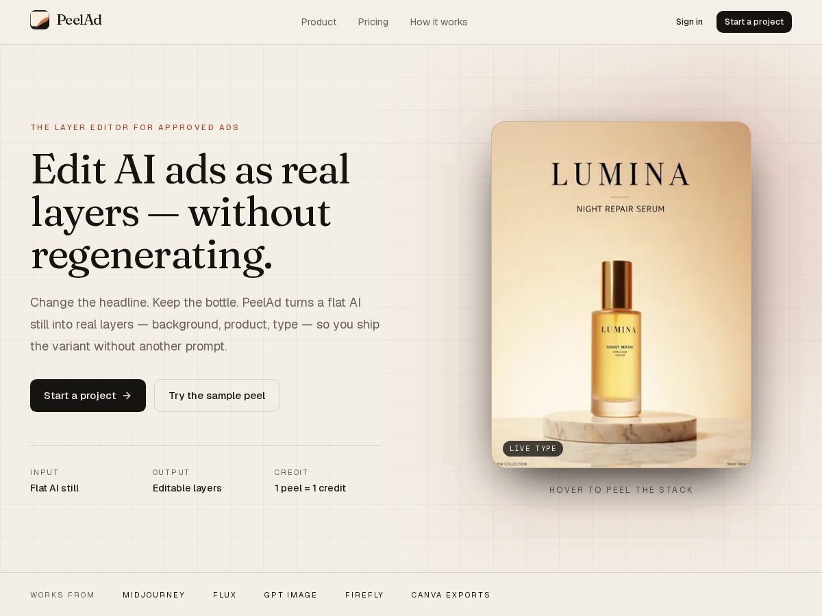 Landing-page snapshot of peelad.com