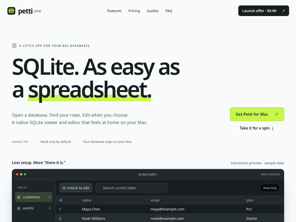 Landing-page snapshot of petti.one
