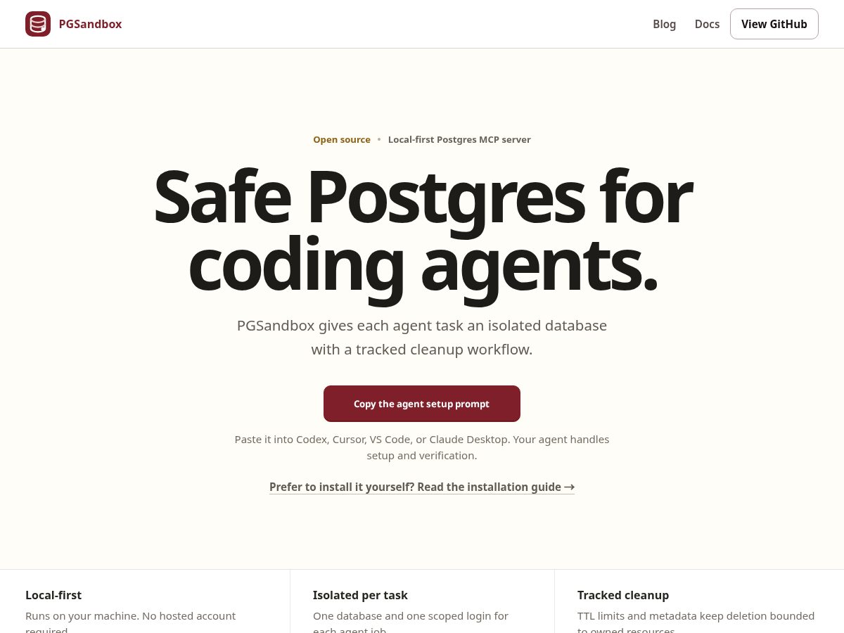 Landing-page snapshot of pgsandbox.dev