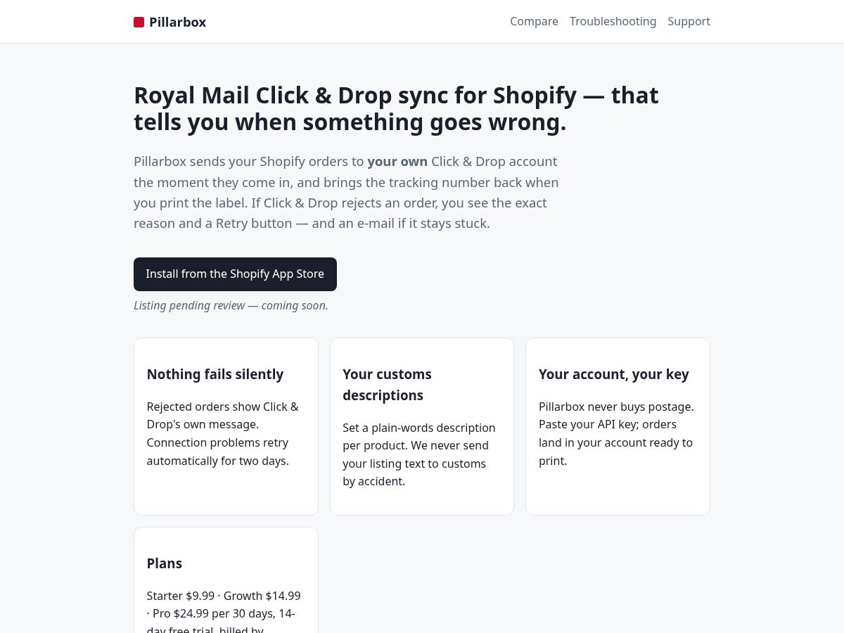 Landing-page snapshot of pillarboxapp.com