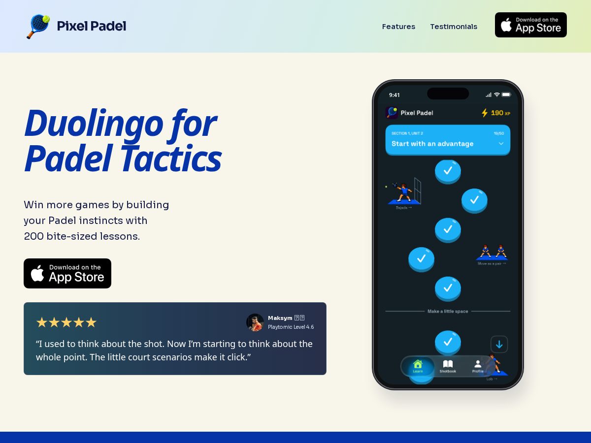 Landing-page snapshot of pixelpadel.app