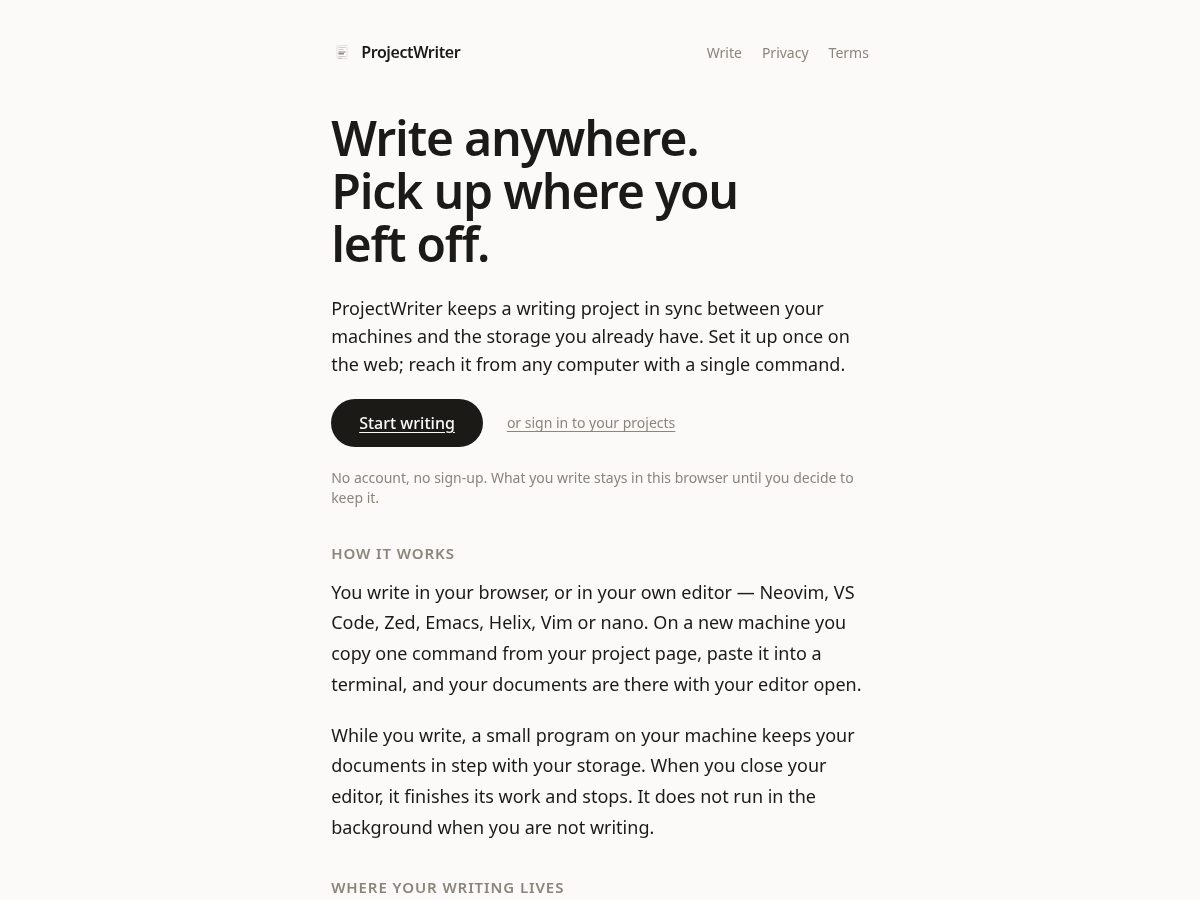 Landing-page snapshot of project-writer.com
