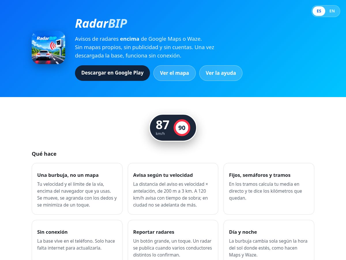 Landing-page snapshot of radarbip.com