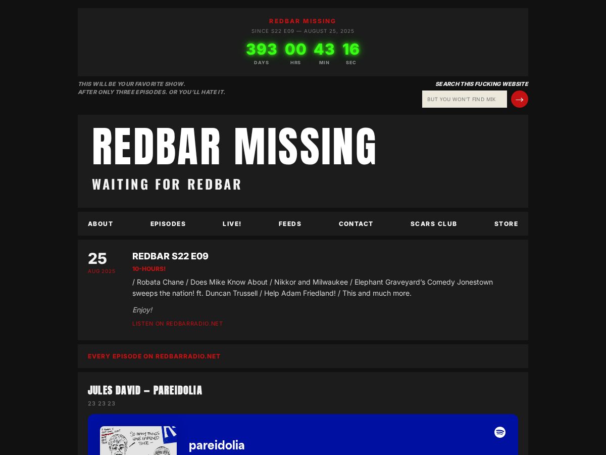 Landing-page snapshot of redbarmissing.com