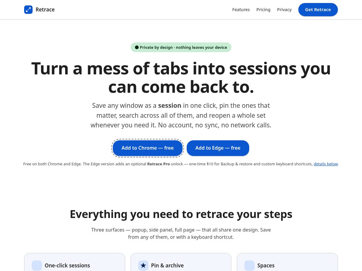 Landing-page snapshot of retrace-addon.store