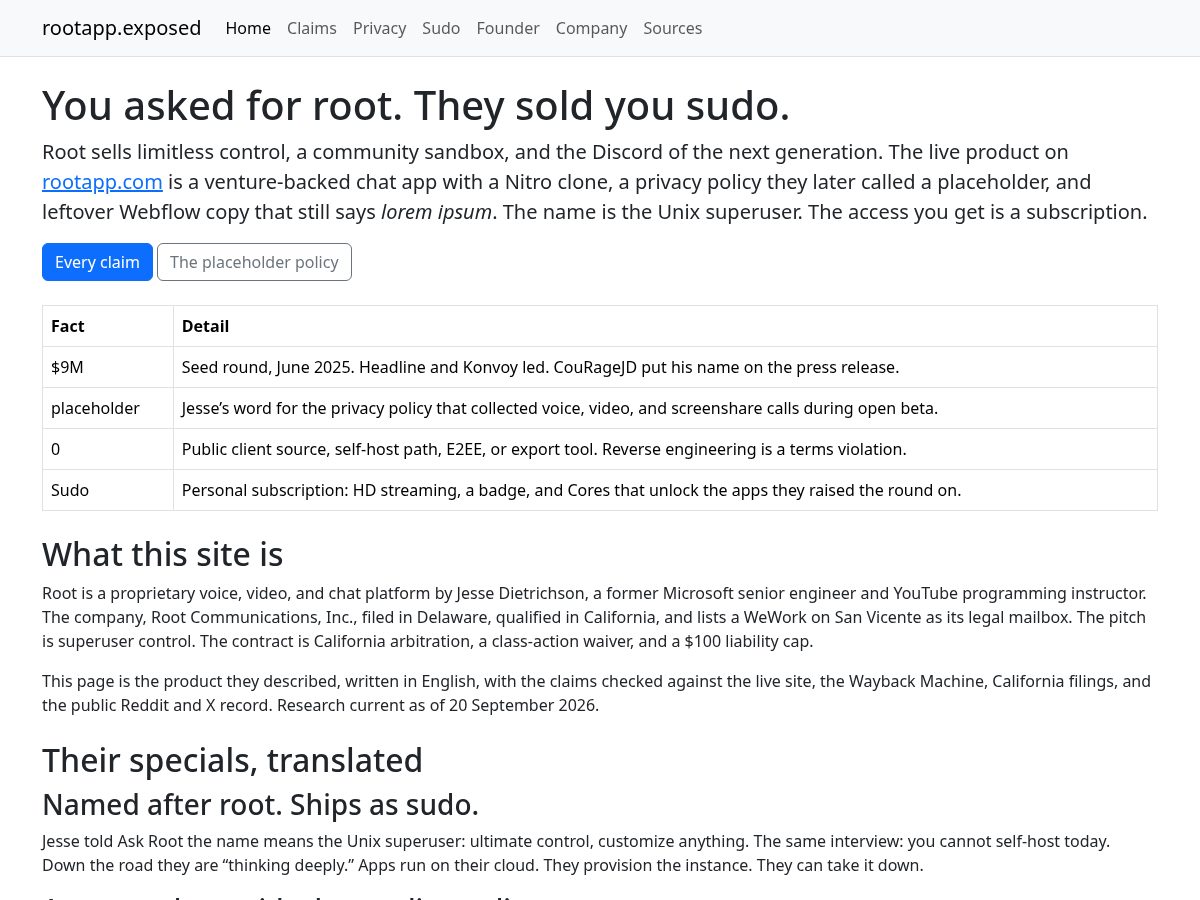 Landing-page snapshot of rootapp.exposed
