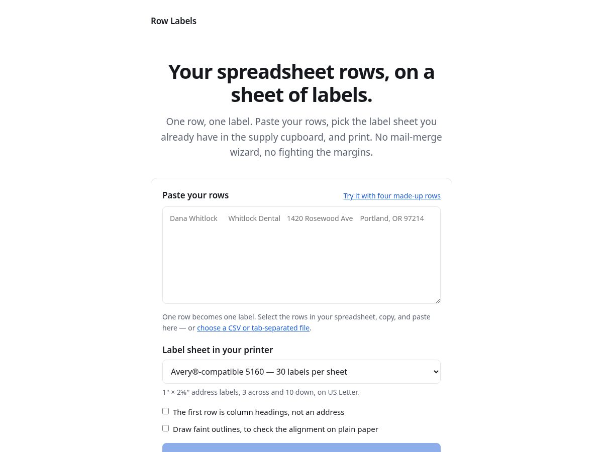 Landing-page snapshot of rowlabels.com