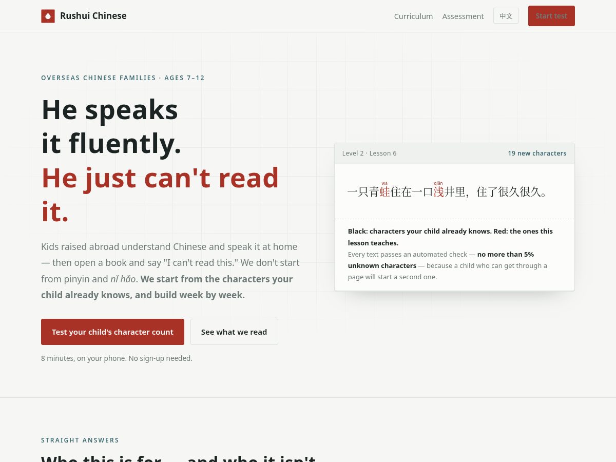 Landing-page snapshot of rushuichinese.com