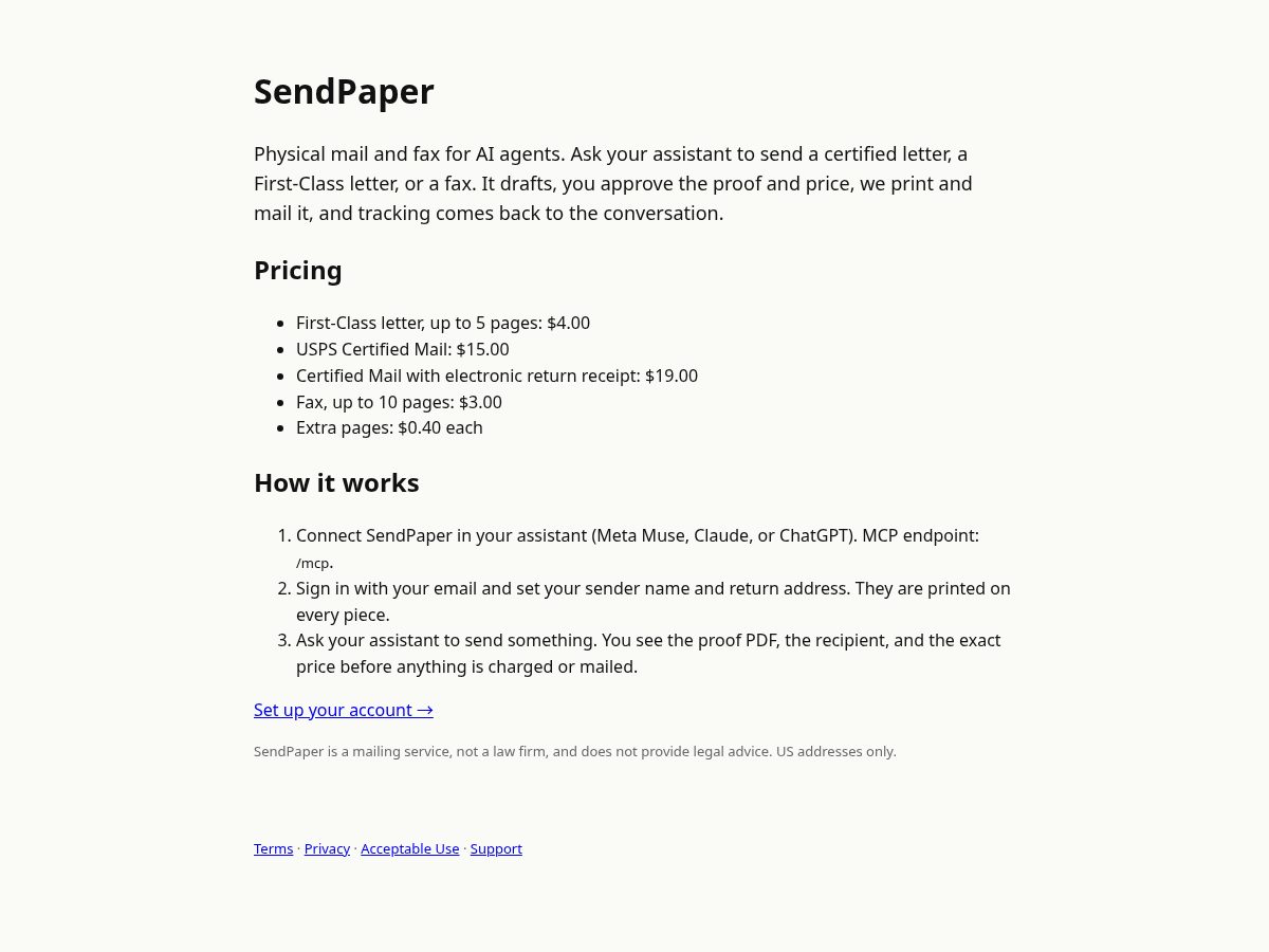 Landing-page snapshot of sendpaper.app
