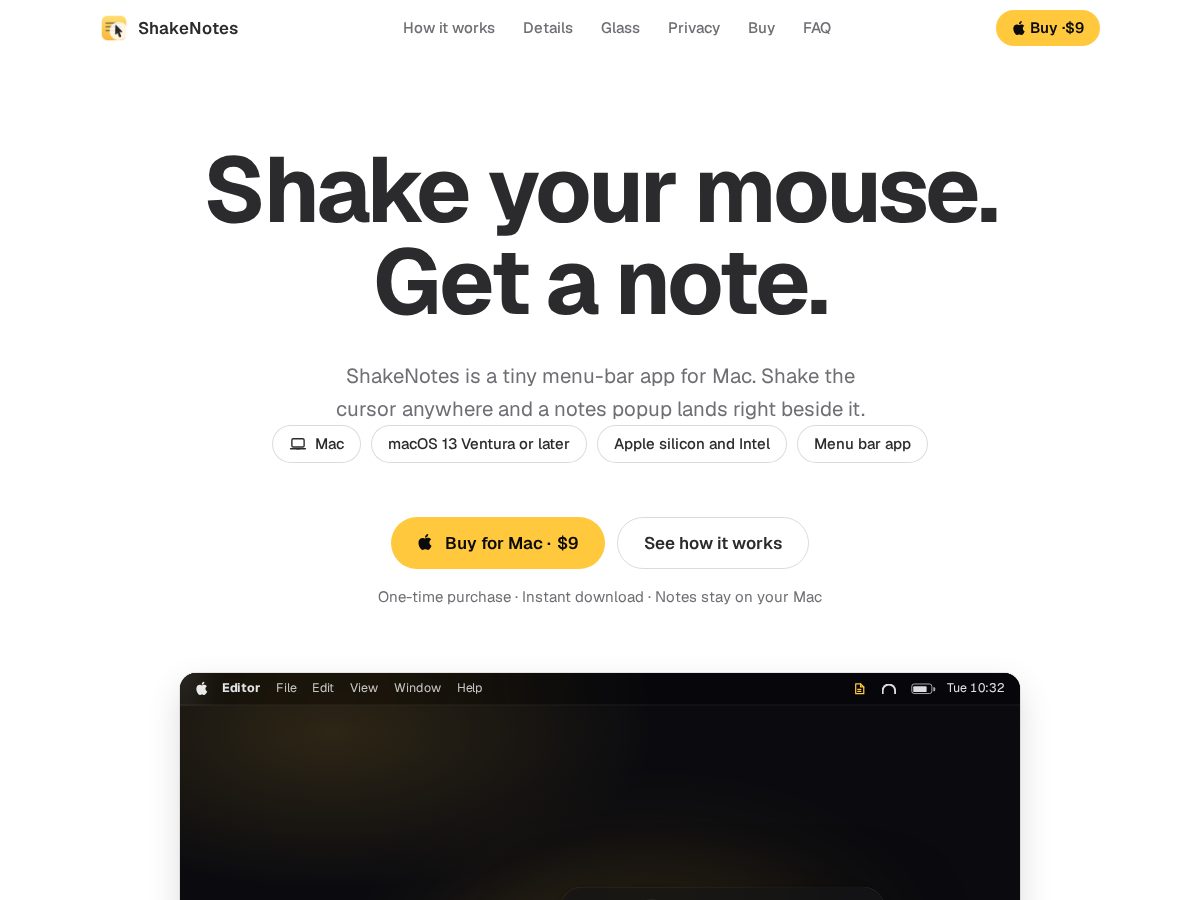 Landing-page snapshot of shakenotes.com