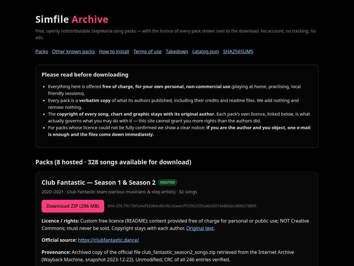 Landing-page snapshot of simfilearchive.dev