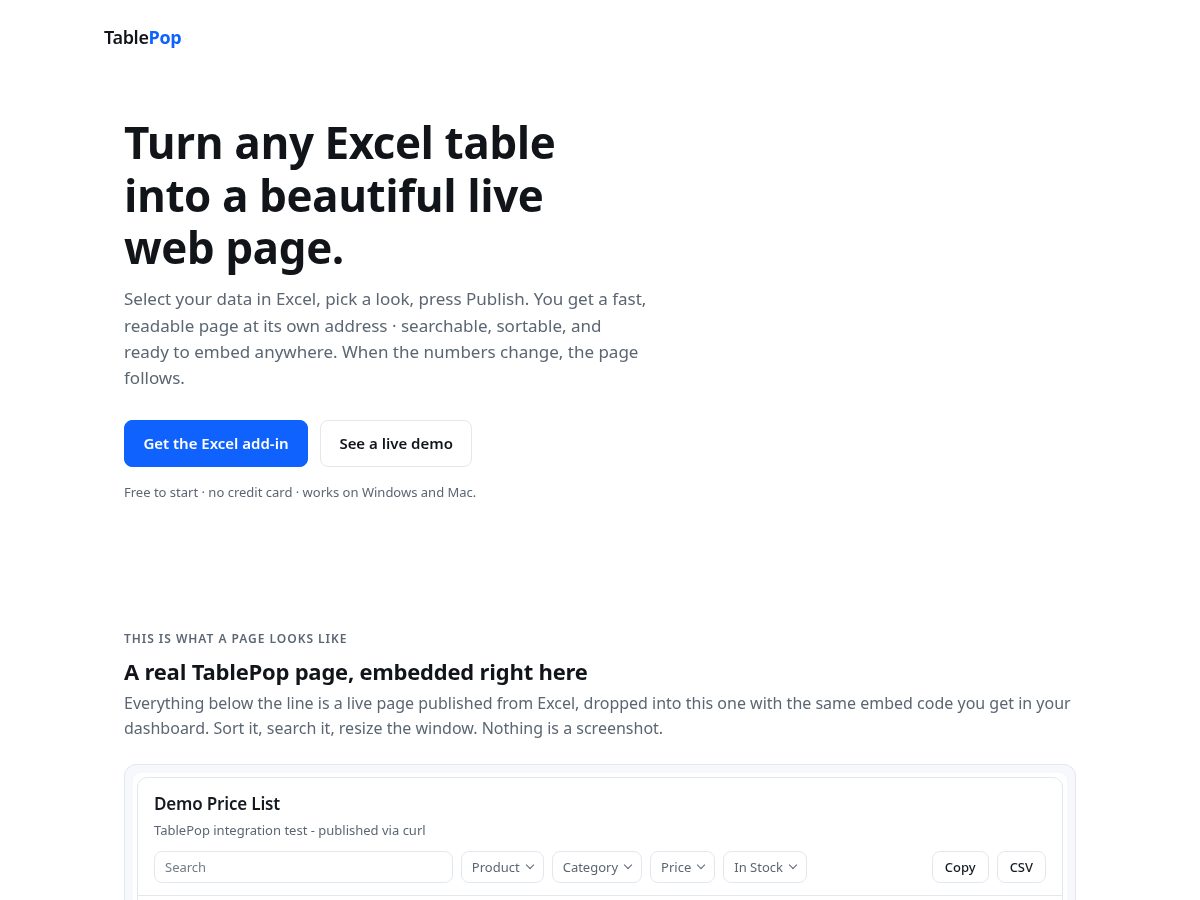 Landing-page snapshot of tablepop.app