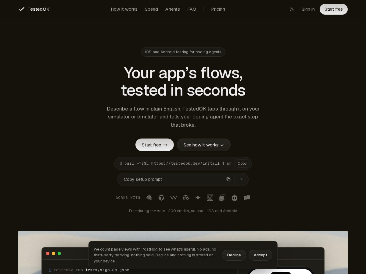 Landing-page snapshot of testedok.dev