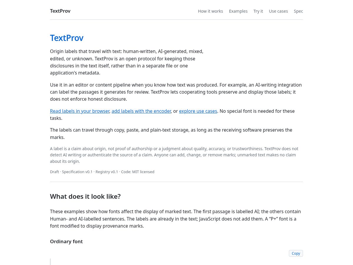Landing-page snapshot of textprov.org