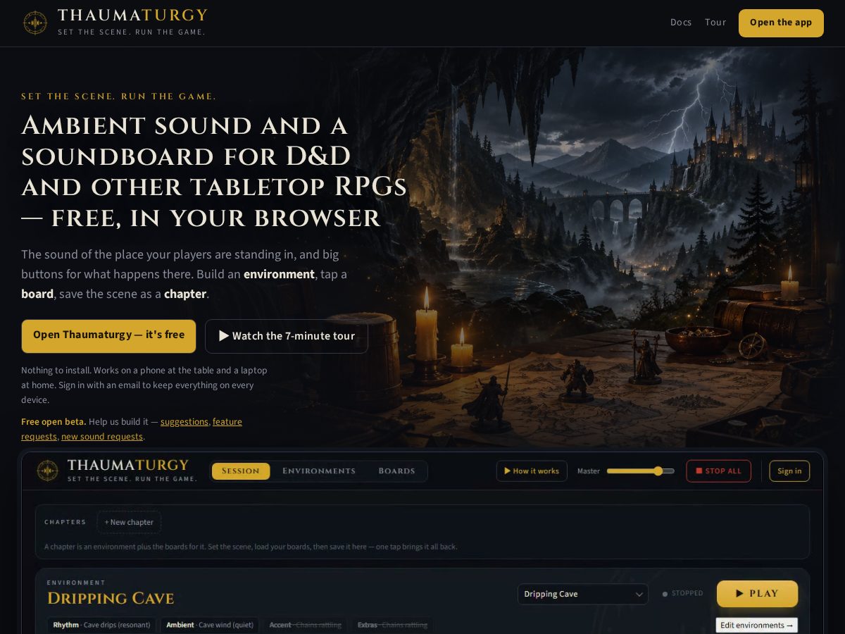 Landing-page snapshot of thaumaturgy.app
