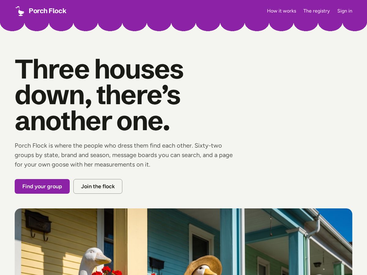 Landing-page snapshot of theporchflock.com