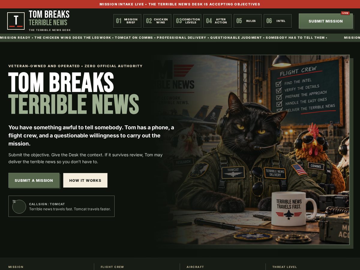 Landing-page snapshot of tombreaksterriblenews.com
