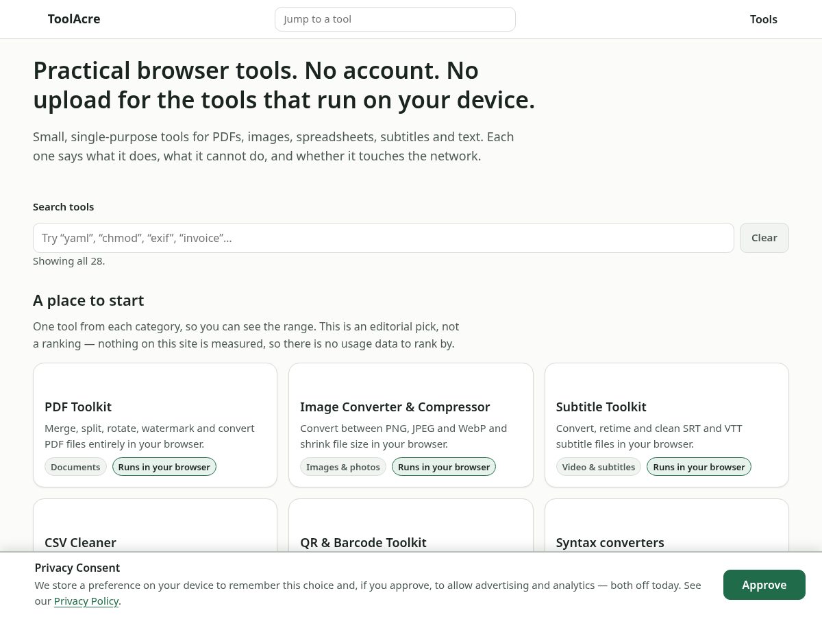 Landing-page snapshot of toolacre.com