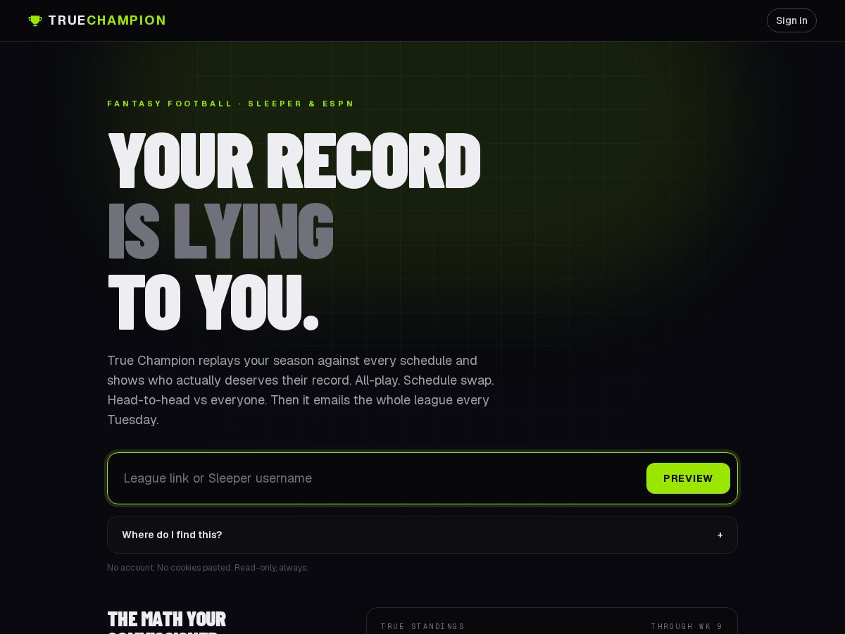 Landing-page snapshot of truechampion.app