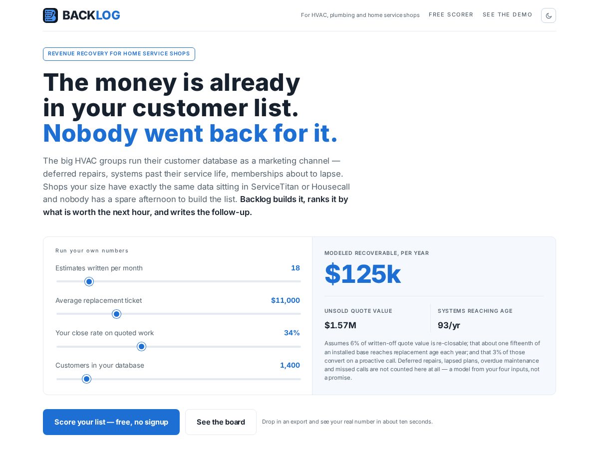 Landing-page snapshot of trybacklog.com