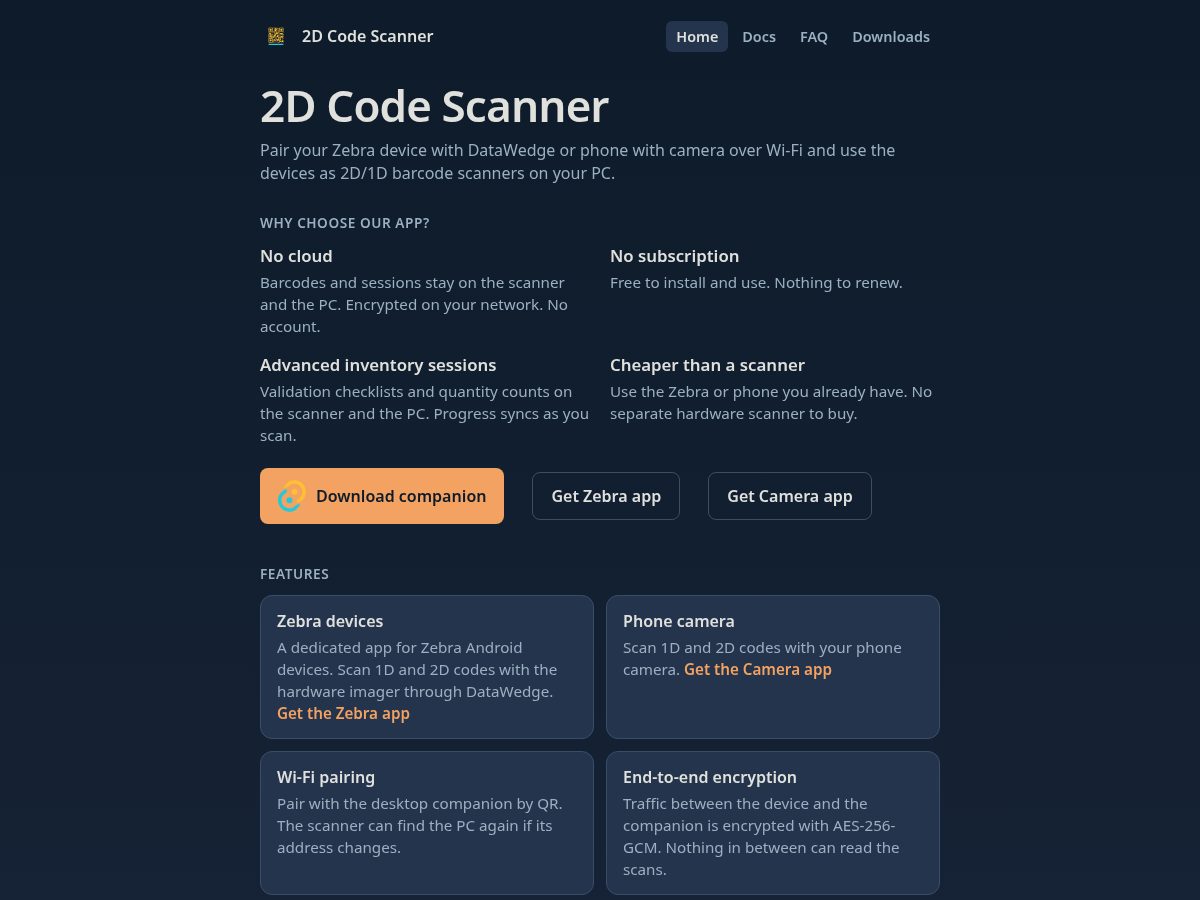 Landing-page snapshot of twodcodescanner.app