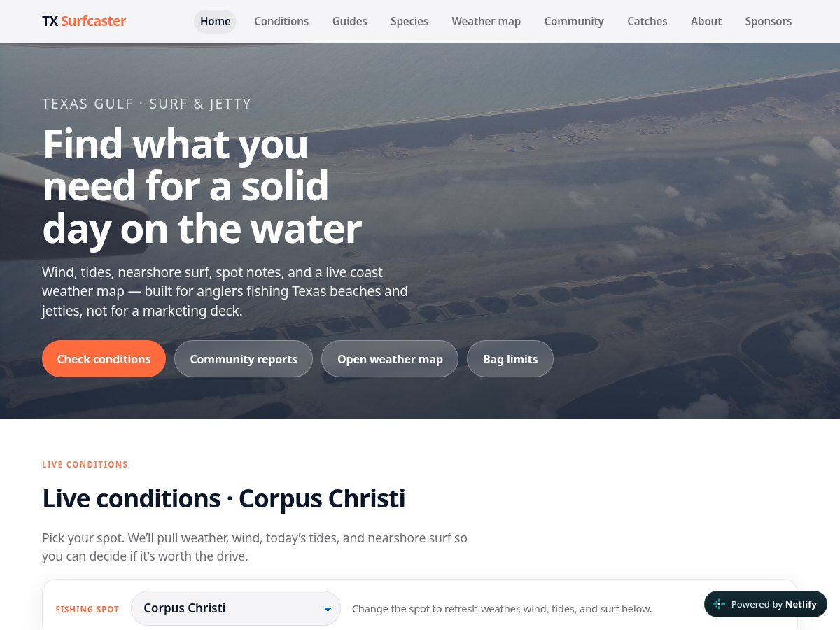 Landing-page snapshot of txsurfcaster.com