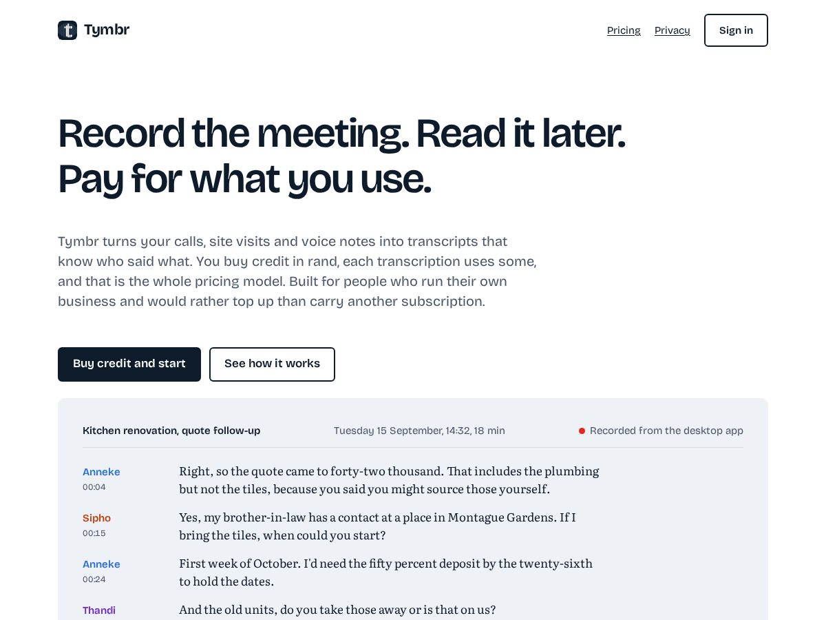 Landing-page snapshot of tymbr.dev