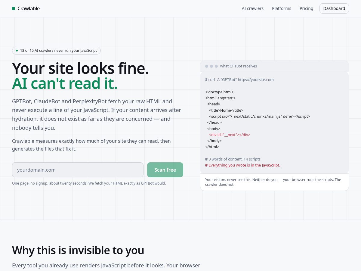 Landing-page snapshot of usecrawlable.com