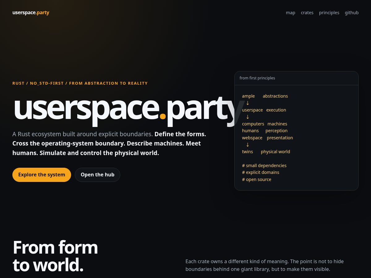 Landing-page snapshot of userspace.party