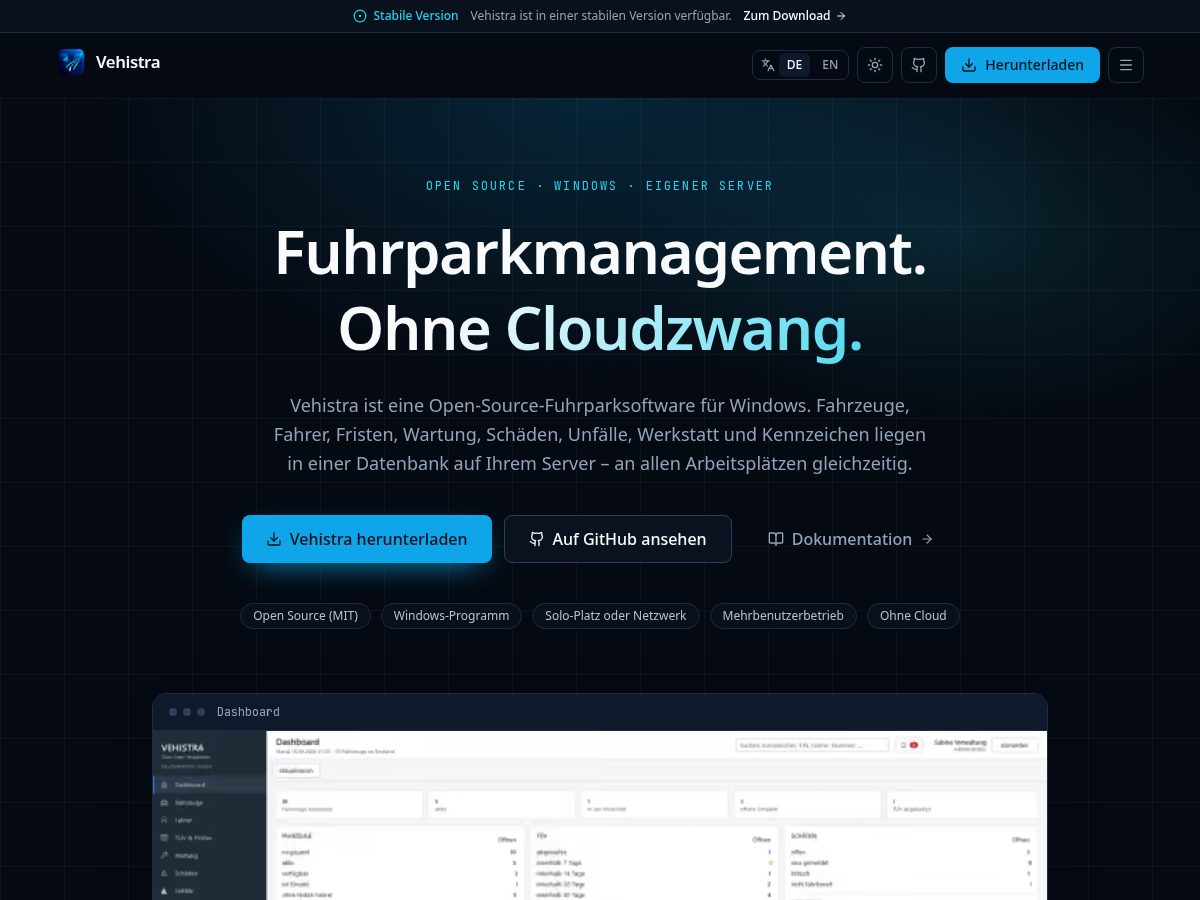Landing-page snapshot of vehistra.dev