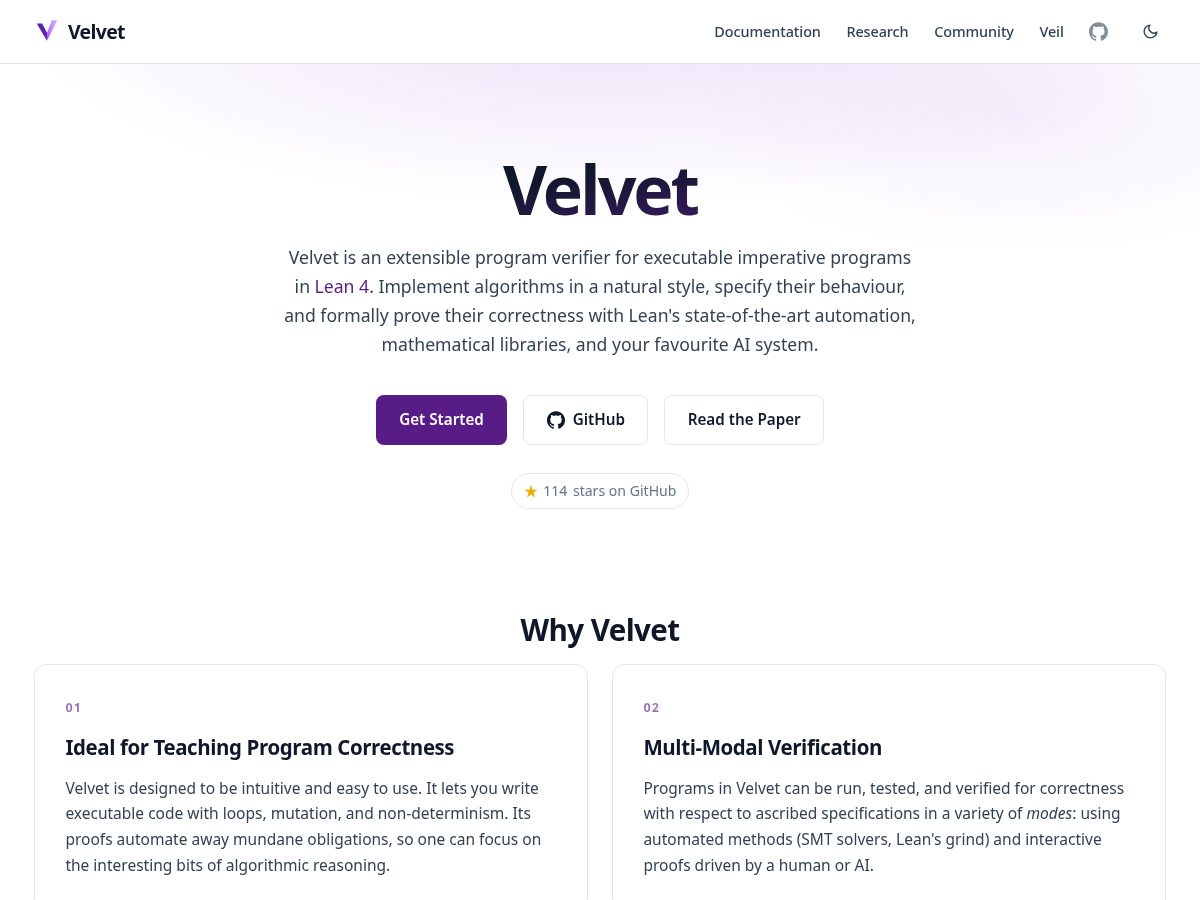 Landing-page snapshot of velvetprover.dev