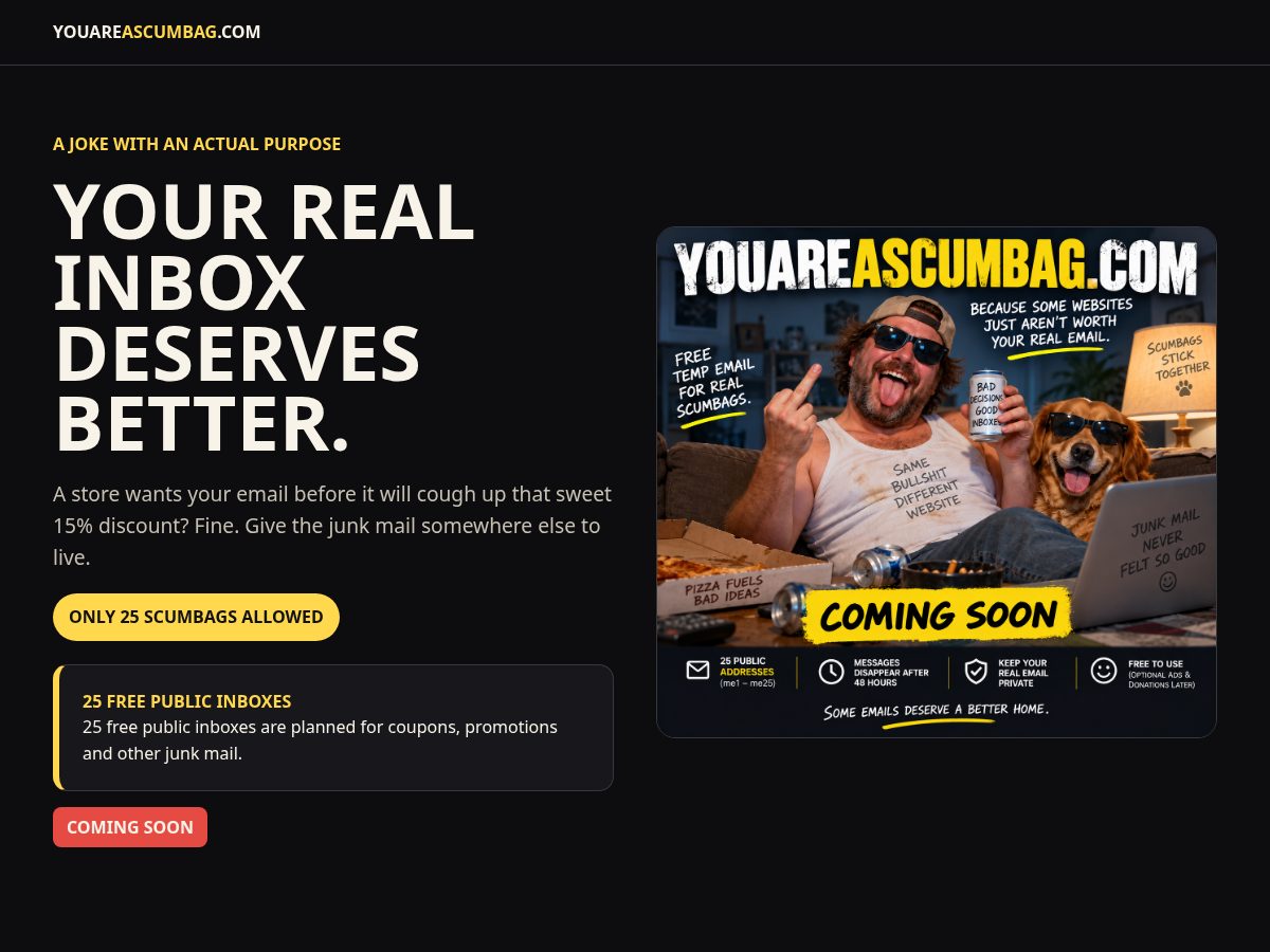 Landing-page snapshot of youareascumbag.com