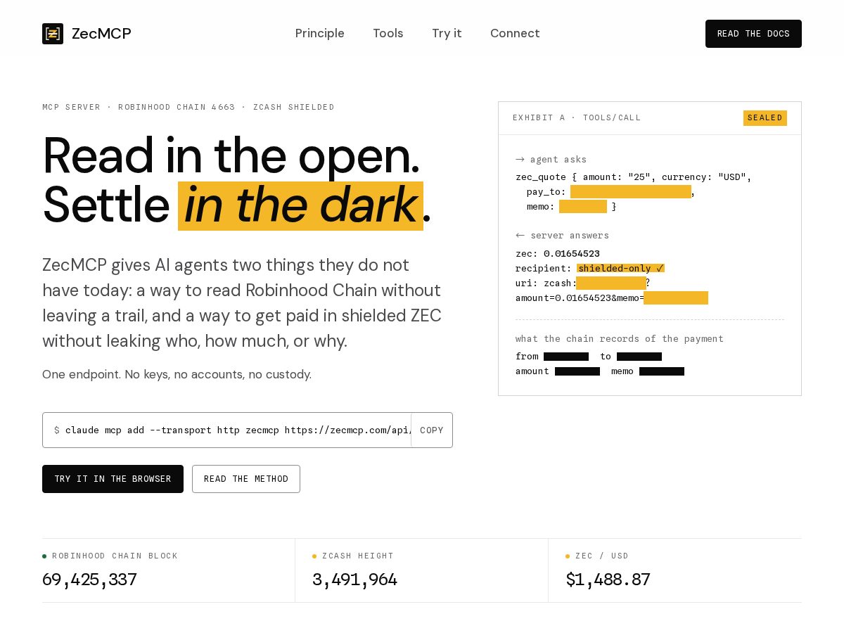 Landing-page snapshot of zecmcp.com