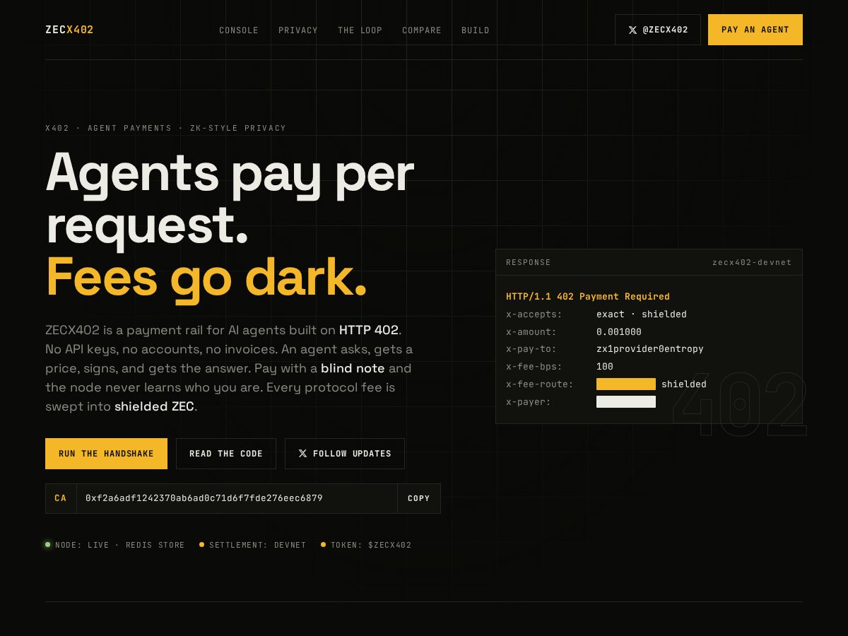 Landing-page snapshot of zecx402.com