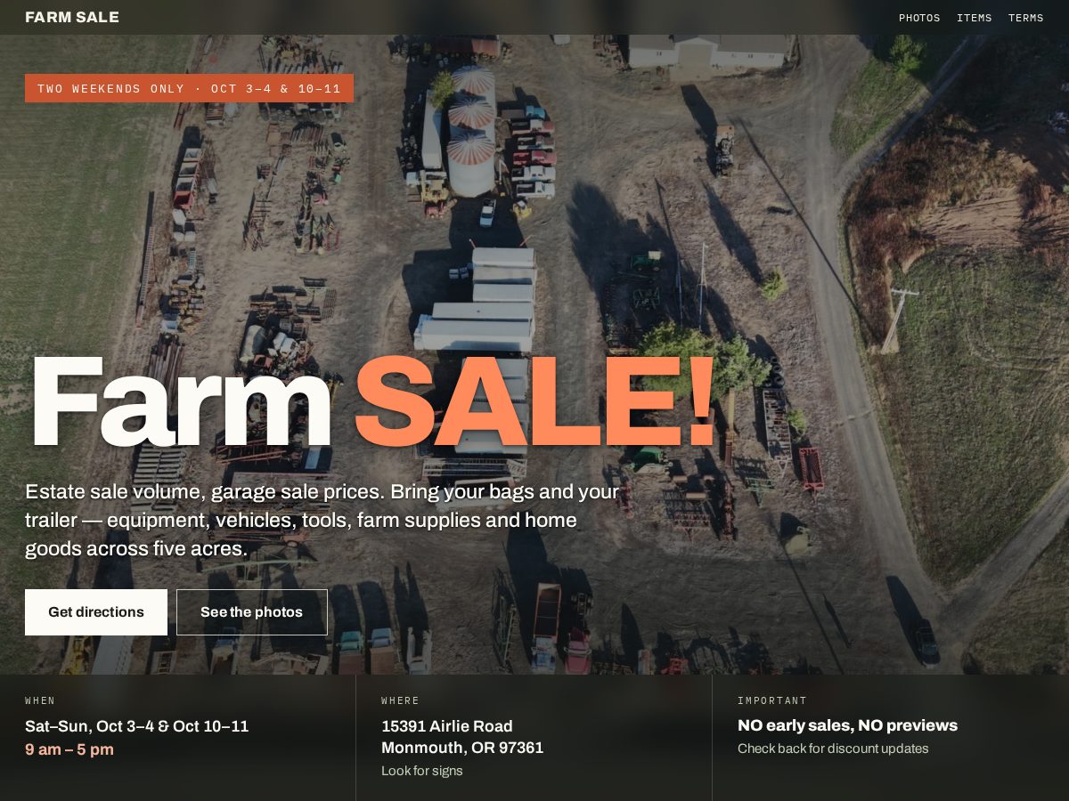 Landing-page snapshot of airliefarmsale.com