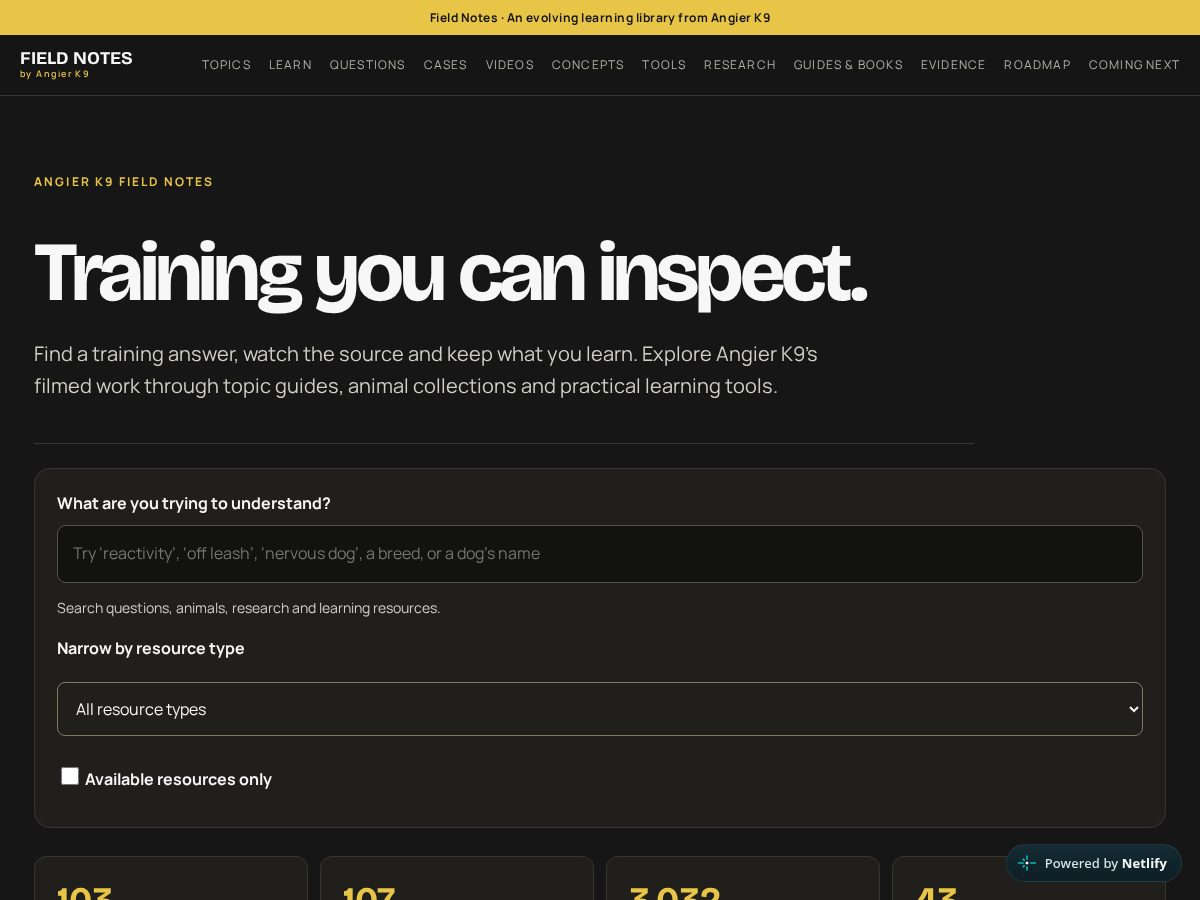 Landing-page snapshot of angierk9fieldnotes.com