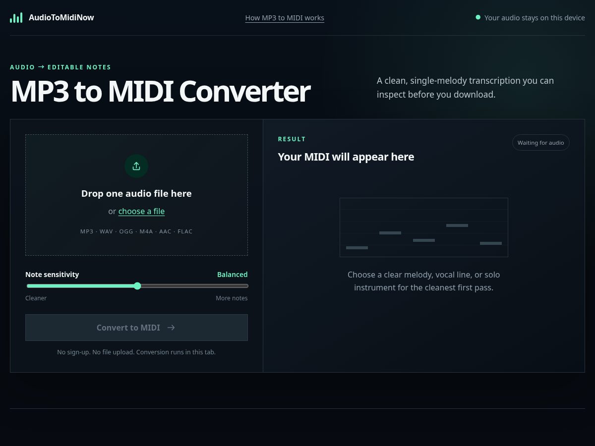 Landing-page snapshot of audiotomidinow.com