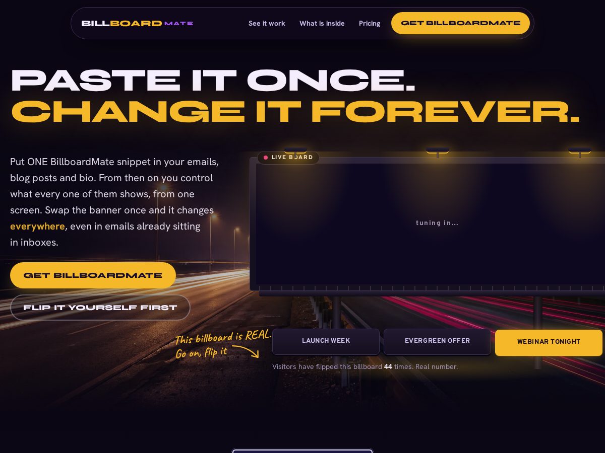 Landing-page snapshot of billboardmate.com