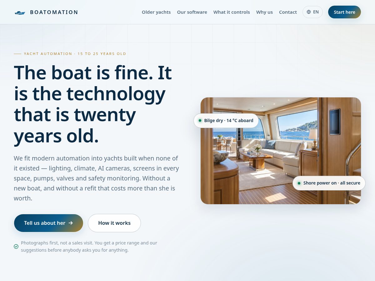 Landing-page snapshot of boatomation.com