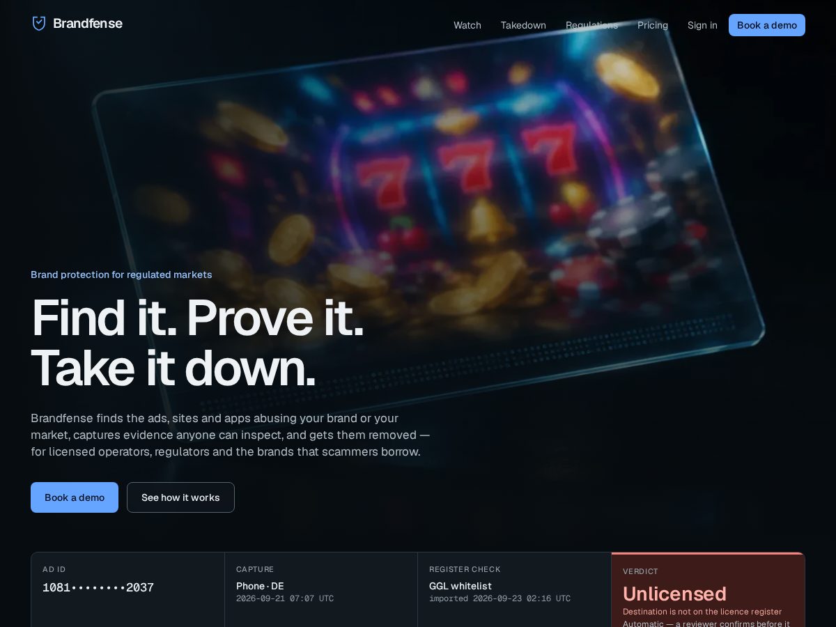 Landing-page snapshot of brandfense.com