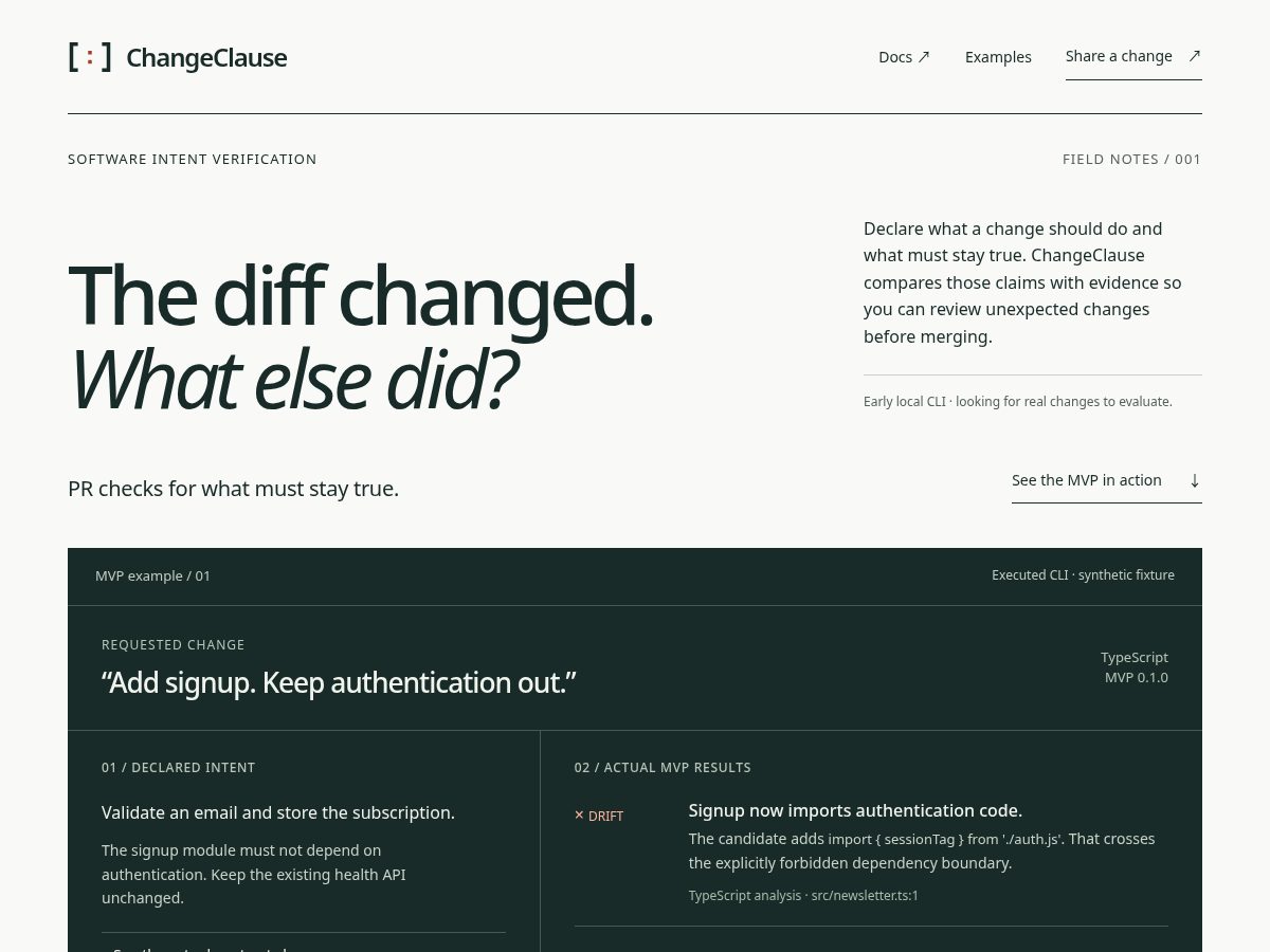 Landing-page snapshot of changeclause.com