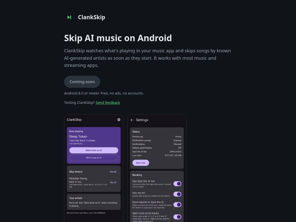 Landing-page snapshot of clankskip.com
