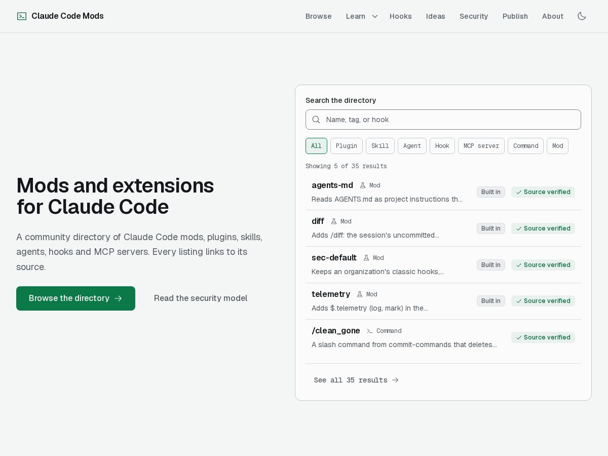 Landing-page snapshot of claudecodemods.com