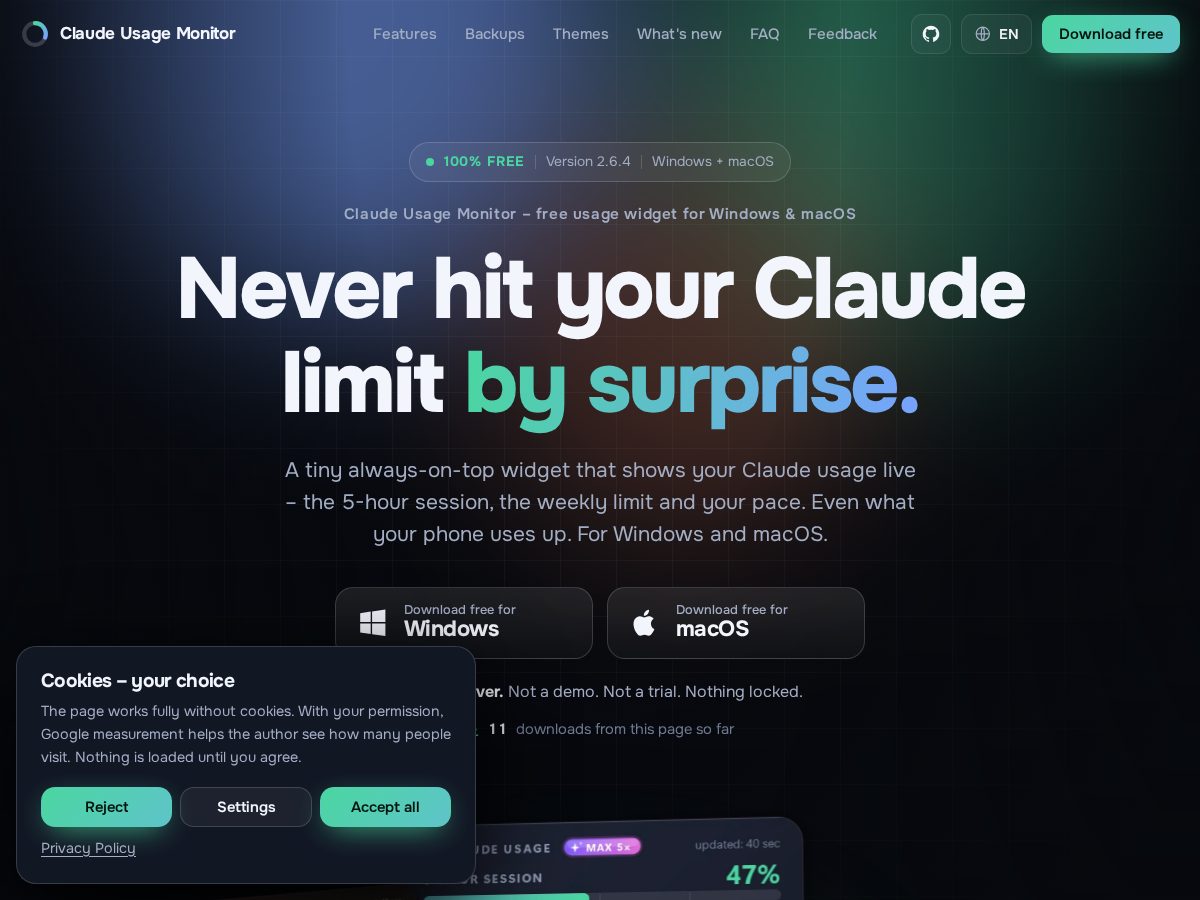 Landing-page snapshot of claudeusagemonitor.com