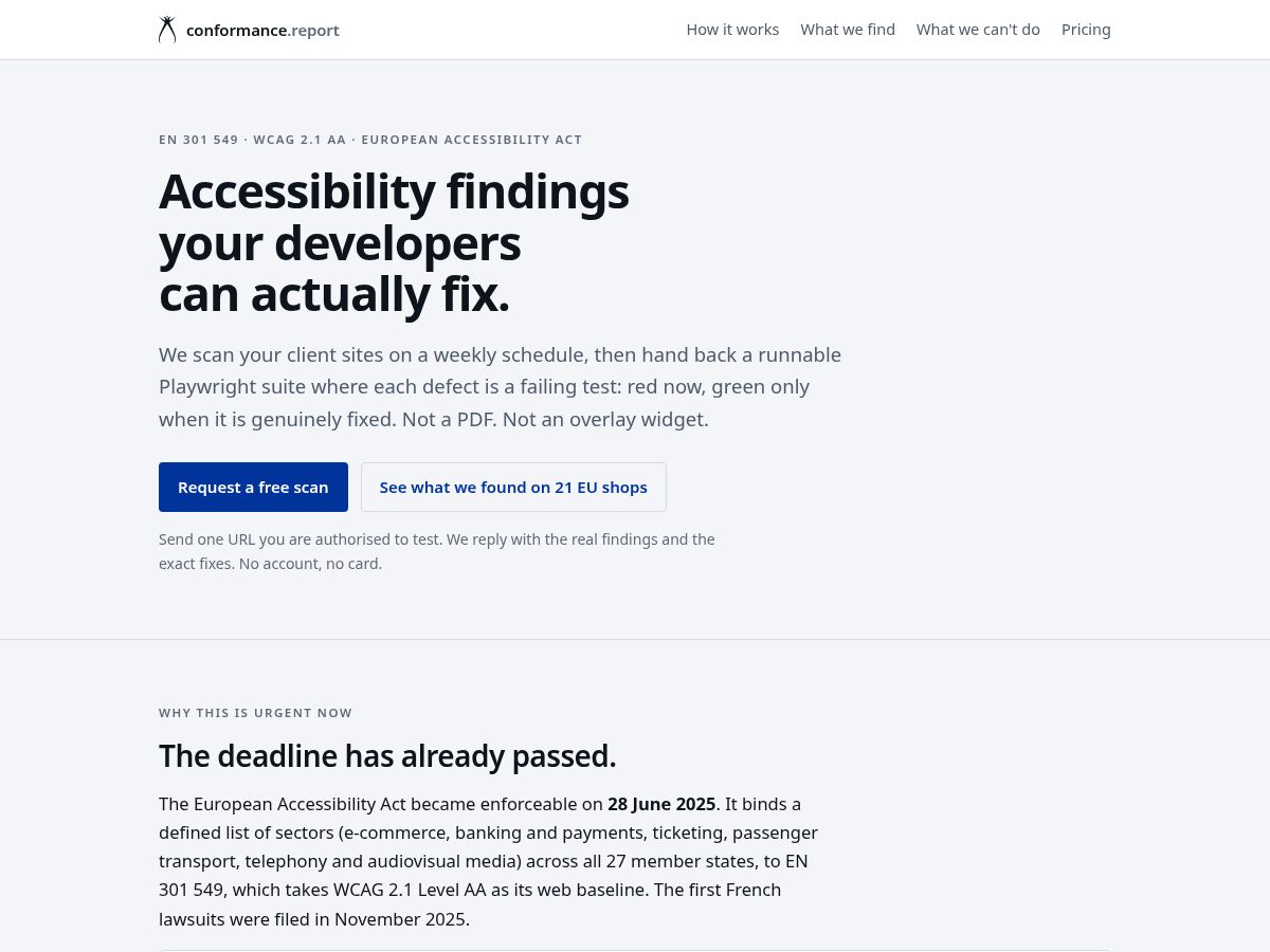 Landing-page snapshot of conformance.report