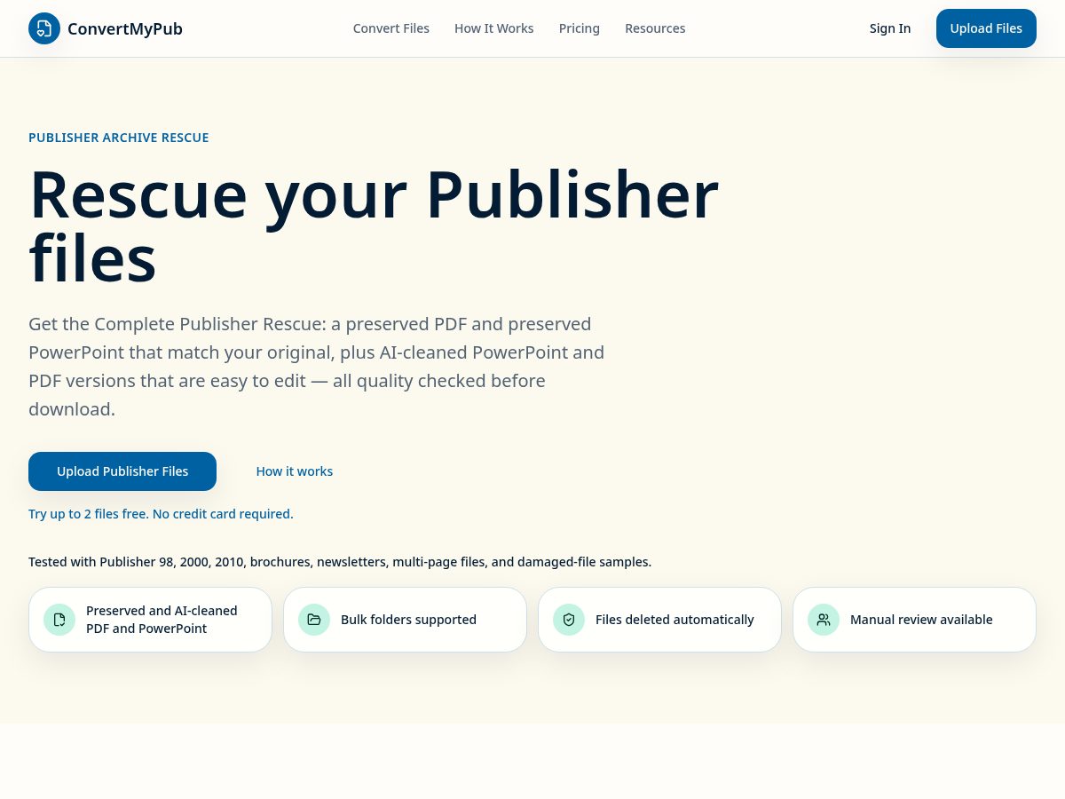 Landing-page snapshot of convertmypub.com