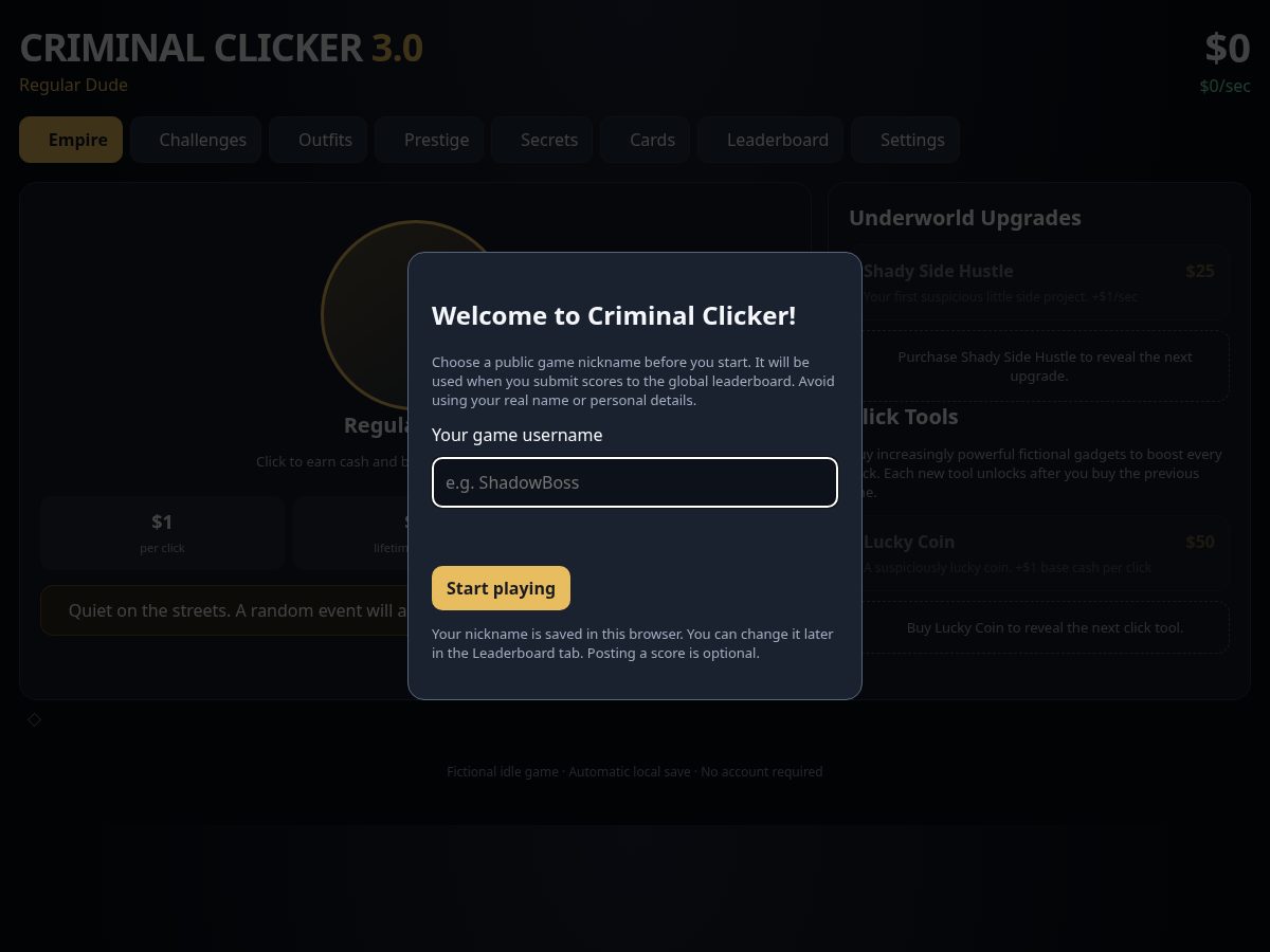 Landing-page snapshot of criminalclicker.com