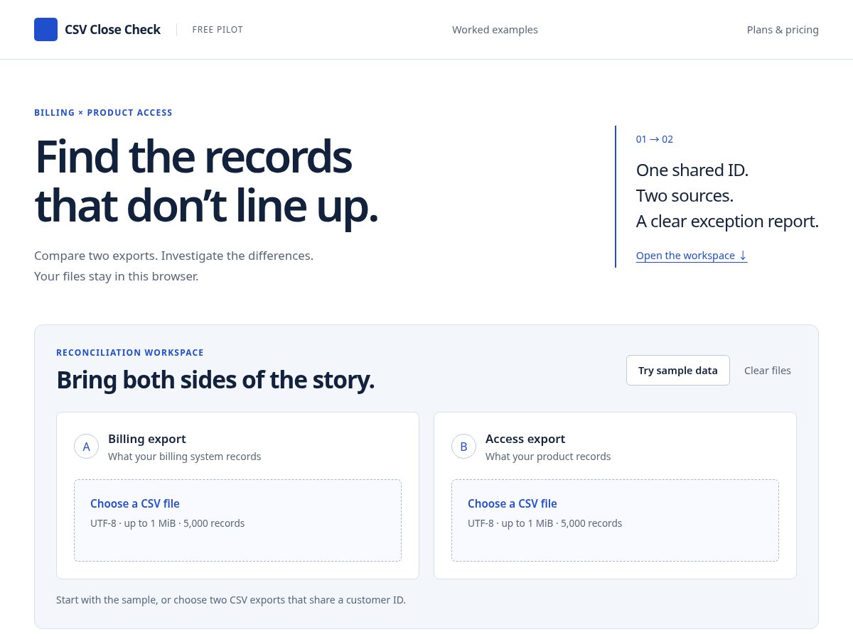 Landing-page snapshot of csvclosecheck.com