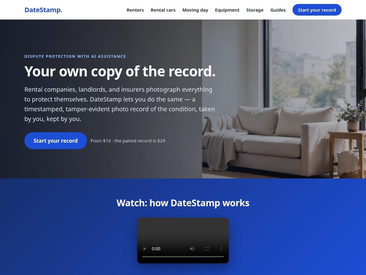 Landing-page snapshot of datestamp.tech