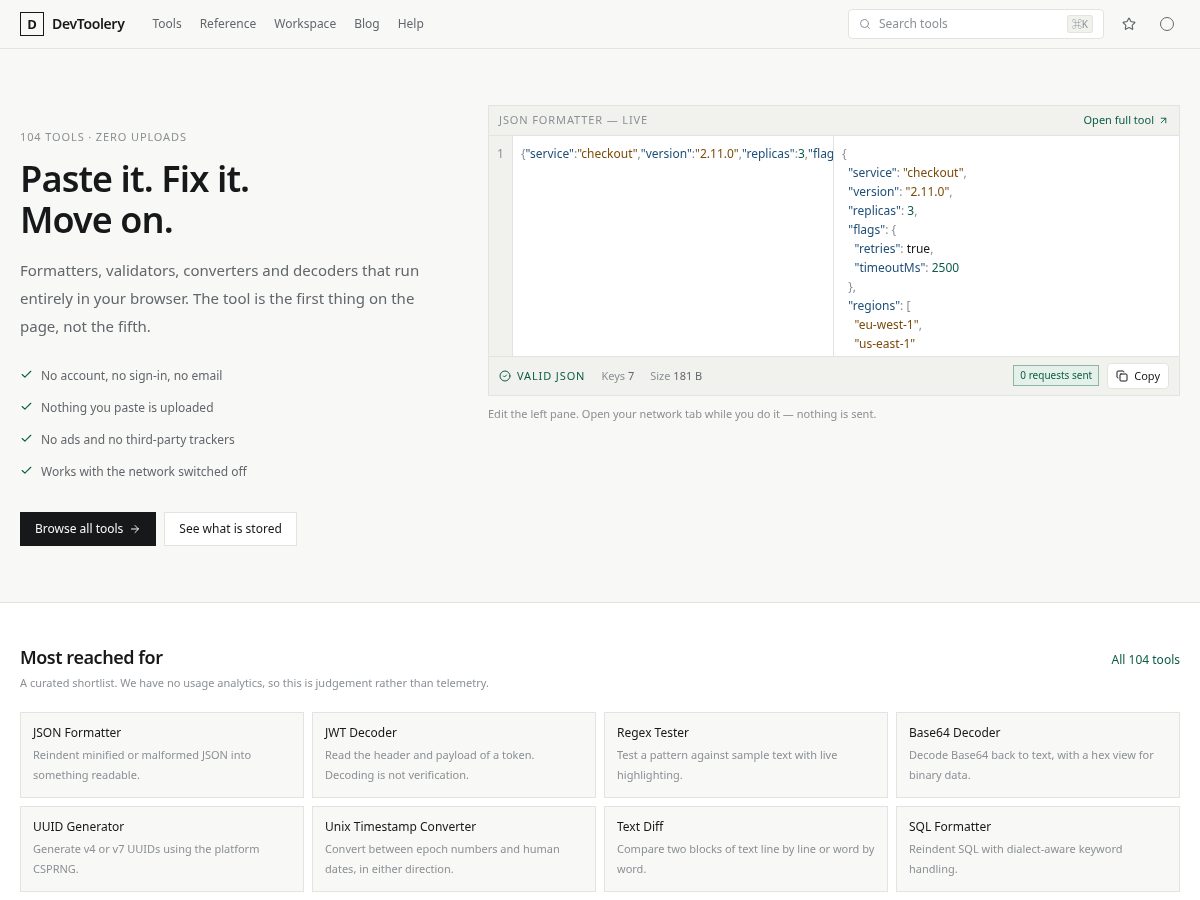Landing-page snapshot of devtoolery.org